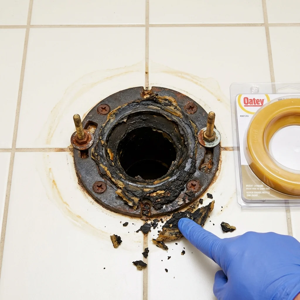 Failed wax ring showing water seepage at the base of a toilet in a Laporte, PA home