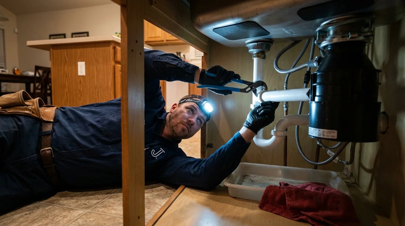 P-trap and supply line connections under a kitchen sink showing a common leak point in Laporte, PA